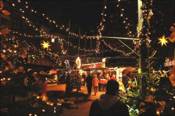 Christmas shopping under a galaxy of glittering lights