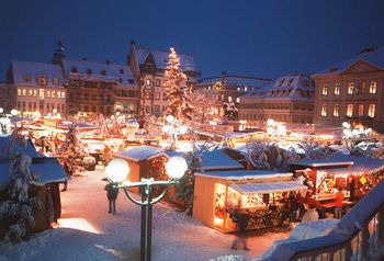 The historical market square in its winter coat