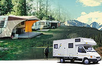 Collage: tents and caravan with mountain scenery