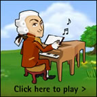 Illustration: Comicfigur von Mozart, er sitzt am Klavier und spielt.