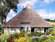 One of the Baltic coast's traditional thatched cottages with its front garden in full bloom