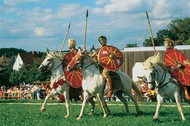 Three gladiators on horseback