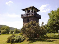 View of an old Roman watchtower on a green field with bushes