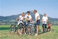 A family on a cycle tour with Hohenzollern Castle in the distance