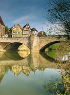 View of the Henkersbrücke bridge over the Kocher river in Schwäbisch Hall