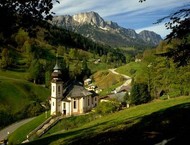 Maria Gern Church against a mountain backdrop