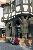 A chat below the medieval town hall in Michelstadt