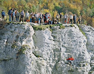 Walkers at Reussenstein castle ruins in the Swabian Alb