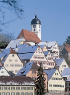 Town of typical Black Forest houses with church in the background