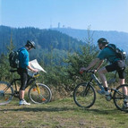 Two cyclists looking at the map with the forests of the Rennsteig trail in the background