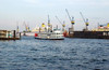 View of Hamburg's harbour with ship and loading cranes